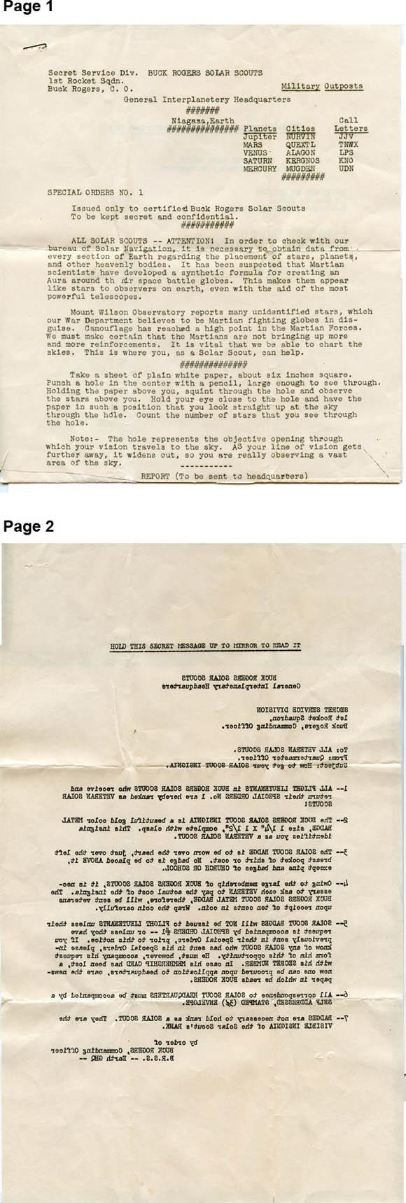 c.1940 Buck Rogers Solar Scouts Special Orders #1 w/Secret Message